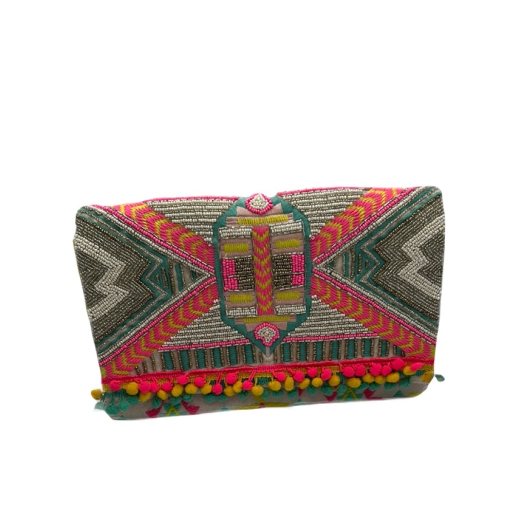 America & Beyond Vibrant Pink Green Beaded Embroidered Clutch Aztec Pom-Pom Trim